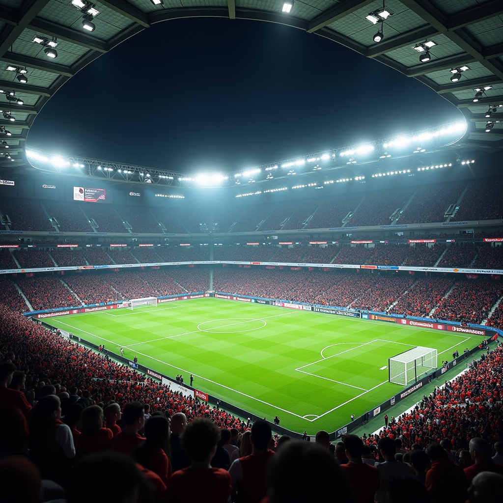 Modern football stadium with vibrant green pitch under floodlights, packed stands of enthusiastic supporters, showcasing the excitement of English Premier League matches at iconic venues like Wembley Stadium