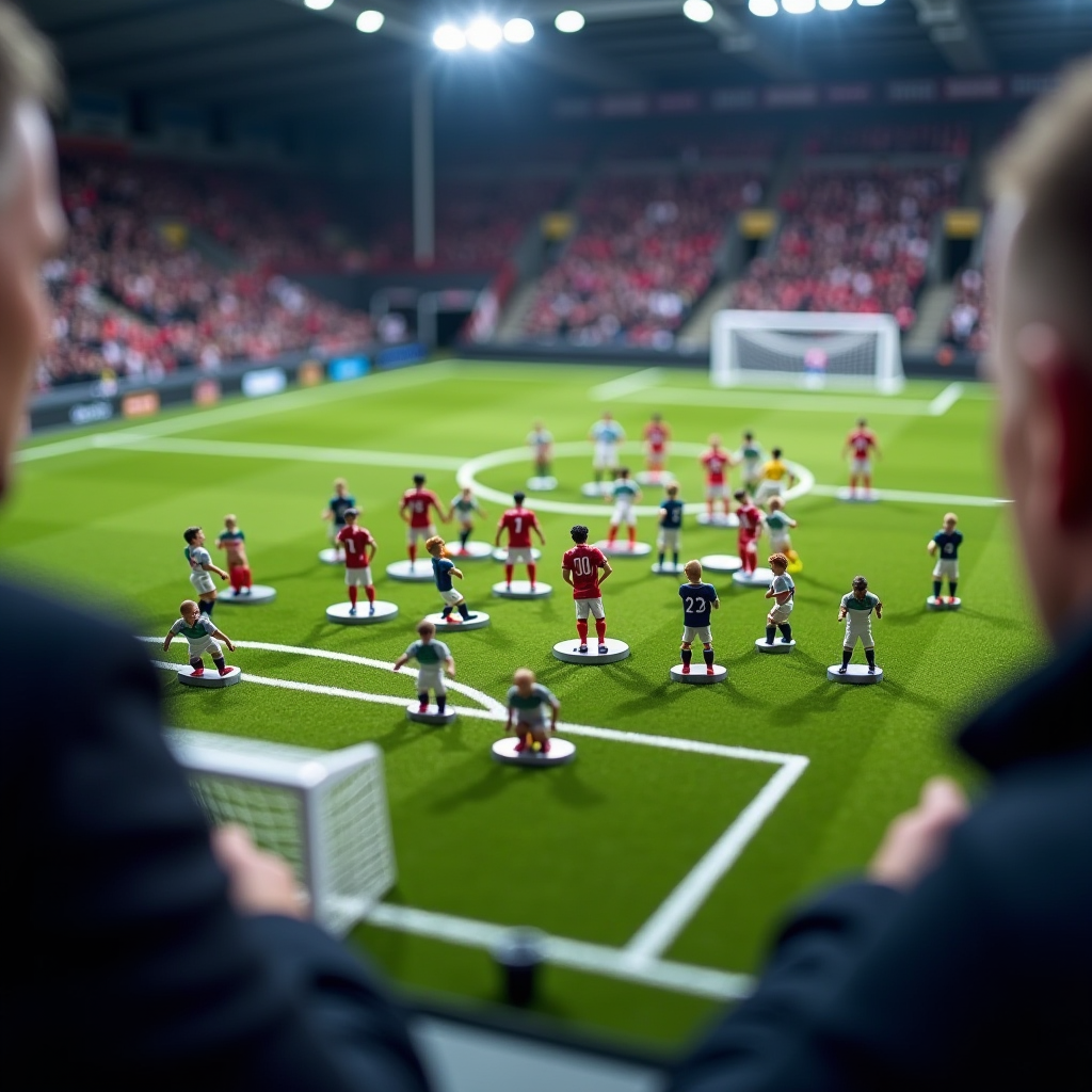 Detailed tactical board showing modern football formations with magnetic pieces arranged in hybrid systems, inverted fullback positions, and pressing zones, set against a Premier League stadium backdrop with coaches analyzing strategies