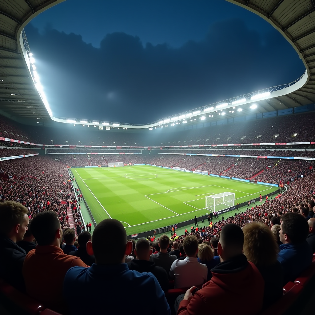 Wide-angle view of a packed EFL Championship stadium during an evening match, with floodlights illuminating the pitch and passionate fans in the stands, capturing the intensity and atmosphere of second-tier English football
