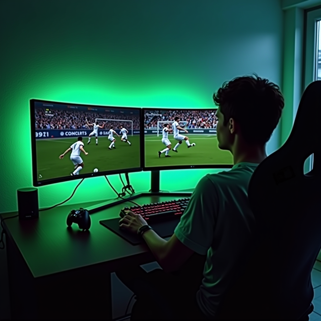 Professional gaming setup with high-performance monitor displaying football simulation game, ergonomic gaming chair, mechanical keyboard, and gaming controller on desk with ambient LED lighting in emerald green tones