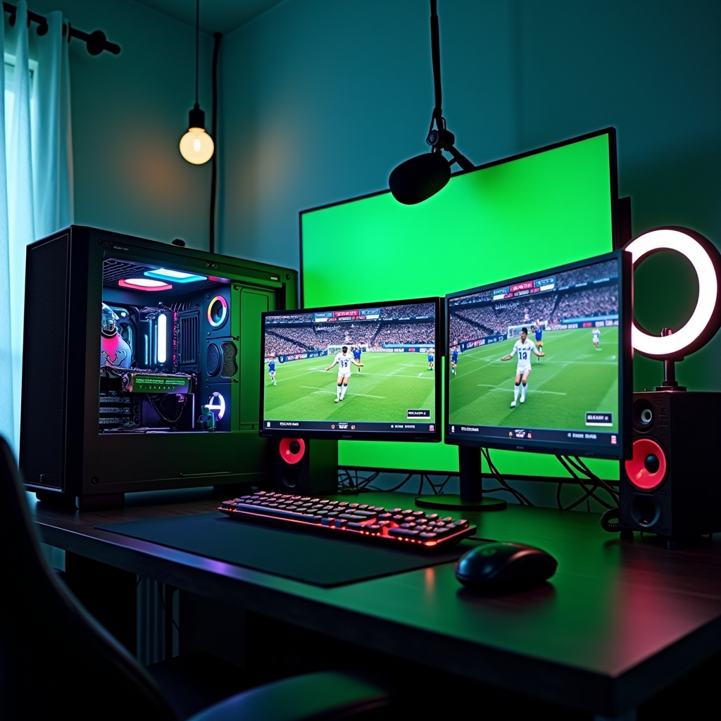 Professional streaming setup with gaming PC, dual monitors displaying football game, professional microphone, ring light, and green screen in modern gaming room