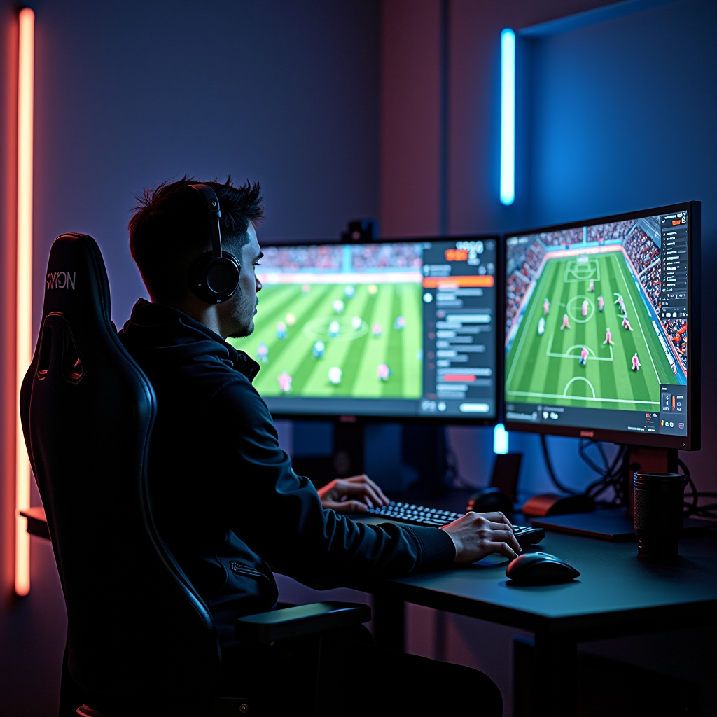 Professional esports player studying advanced football video game tactics on gaming setup with multiple monitors displaying formation analysis, player heat maps, and real-time match statistics