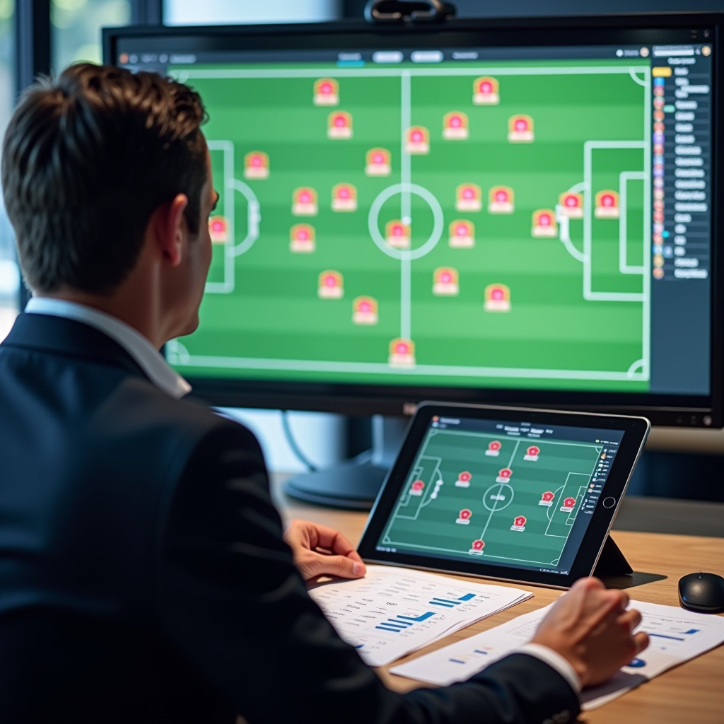 Football manager analyzing tactical board with formation diagrams, player statistics on tablet screen, transfer market data, and youth academy scouting reports spread across modern office desk
