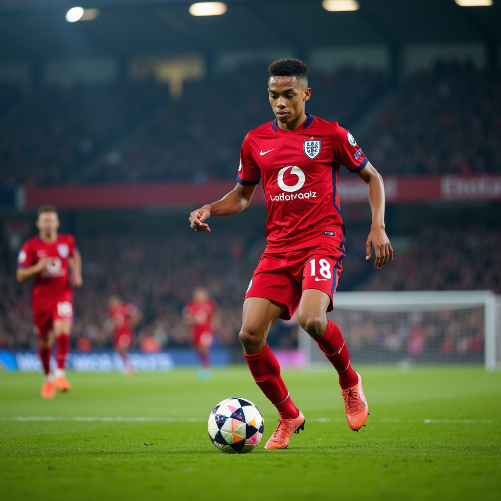 Young talented footballer in EFL Championship kit performing a skillful dribble on the pitch with stadium crowd in background, showcasing emerging talent from English lower leagues