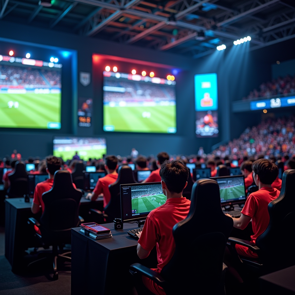 Esports tournament arena with multiple gaming stations, professional players competing in online football game tournament, large screens displaying live matches, and enthusiastic crowd in background