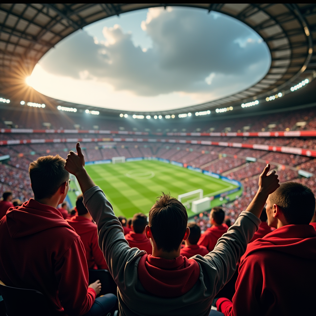 Historic football derby match scene showing passionate fans in stadium stands with club scarves and banners, capturing the intense atmosphere of traditional English football rivalries